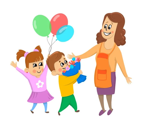 Kinder, Jungen und Mädchen schenken ihrer Mutter Blumen und Luftballons. Geburtstag, Frauentag oder Muttertag. Vektordarstellung, isoliert auf weißem Hintergrund. — Stockvektor