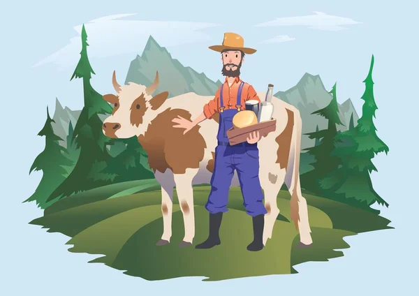 Uma vaca e um agricultor num prado, numa paisagem alpina. Ilustração vetorial para embalagem de leite ou produtos lácteos . — Vetor de Stock