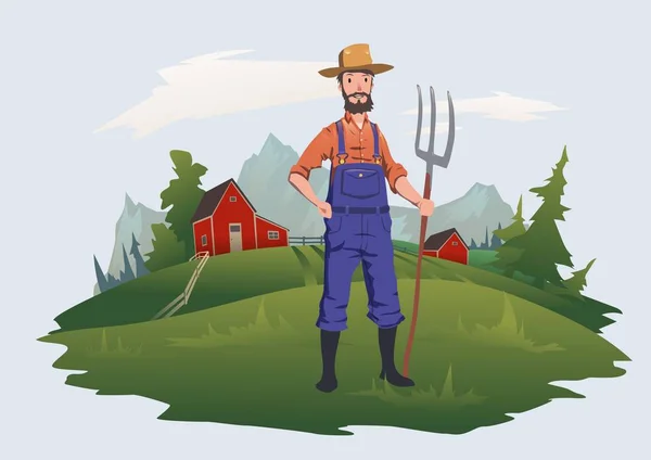 Contadino, uomo con forcone in piedi in una fattoria nel paesaggio montano. Agricoltura, agricoltura. Illustrazione vettoriale, isolata su sfondo chiaro . — Vettoriale Stock