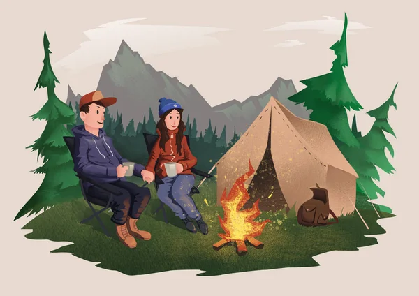 Молодая пара, мужчина и женщина сидят у костра в лесу. Пешие прогулки, активный отдых на открытом воздухе. Изолированная иллюстрация . — стоковое фото