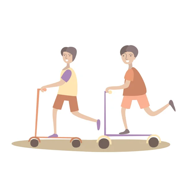 Os amigos andam de scooters. Estilo de vida saudável. Ilustração vetorial, isolada sobre branco . —  Vetores de Stock