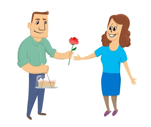 Bir adam bir kadına verir çiçek ve pasta. Mutlu çift karı koca evli. Vektör karakter illüstrasyon, beyaz izole. — Stok Vektör