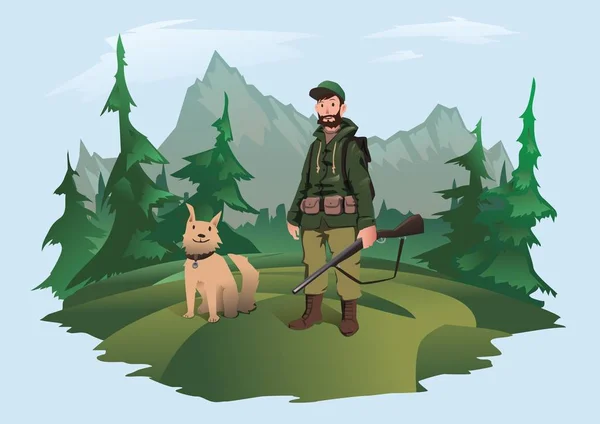 Cazador con pistola y perro. Cazador de pie en el bosque contra un paisaje de montaña. Ilustración vectorial, aislada sobre fondo claro . — Archivo Imágenes Vectoriales