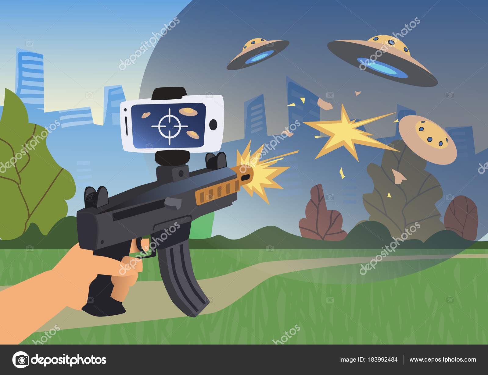 Augmented reality games. Boy with AR gun playing a shooter. Game weapon with mobile phone