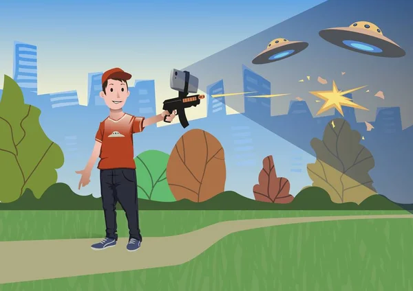 Augmented Reality-Spiele. Junge mit einer Waffe, die einen Schützen spielt. Spielwaffe mit Handy. Vektorillustration. — Stockvektor