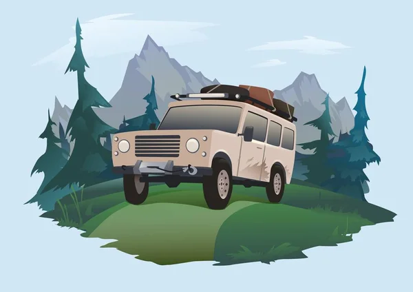 SUV conduciendo en un camino forestal. Emblema del Jeeping. Viajando en coche todoterreno. Ilustración aislada vectorial . — Vector de stock