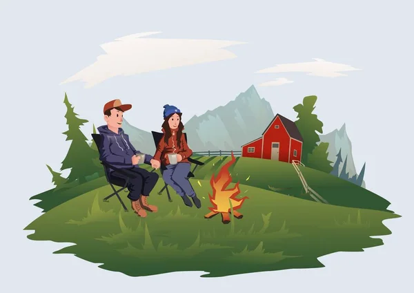 Fiatal pár, a férfi és a nő ül a gazdaságban a tábortűz körül. Hegyi alpesi táj. Elszigetelt vektoros illusztráció. — Stock Vector