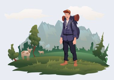 Sırt çantası dağ manzarası arka plan üzerinde olan adam. Hiking, etkin Açık Rekreasyon dağ Turizm. İzole vektör çizim.