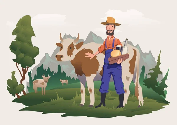 Корова и фермер на лугу, альпийский пейзаж. Векторная иллюстрация для упаковки молока или молочных продуктов . — стоковый вектор