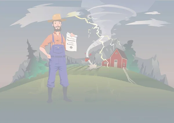 Concepto de seguro para agricultores, ilustración vectorial. Tornado en la granja. Un agricultor tranquilo se levanta y sostiene el seguro en su mano . — Archivo Imágenes Vectoriales