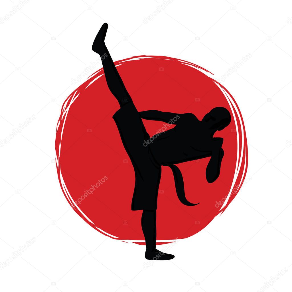 Logo for the club of martial arts. Karate, kung fu or wushu. Silhouette of a fighter against the background of the red sun. Vector illustration, isolated on white background.