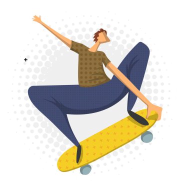 Kaykay, vektör çizim düz stilde bir atlama hile yapan erkek beyaz izole. Kaykaycı.