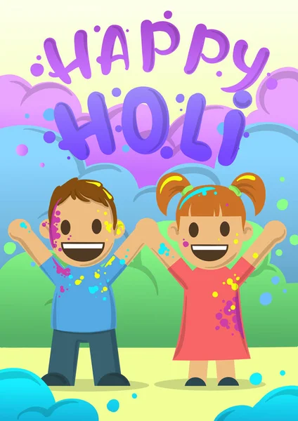 A fesztivál Holi színek lapos stílusú plakát. Fiú és lány dobja a festék. Vektoros illusztráció. — Stock Vector