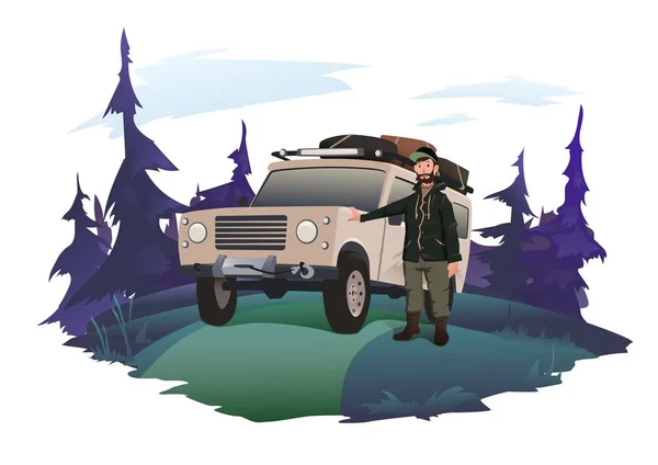 El conductor se para junto a la camioneta en una carretera forestal. Emblema del Jeeping. Viajando en coche todoterreno. Ilustración aislada vectorial . — Archivo Imágenes Vectoriales