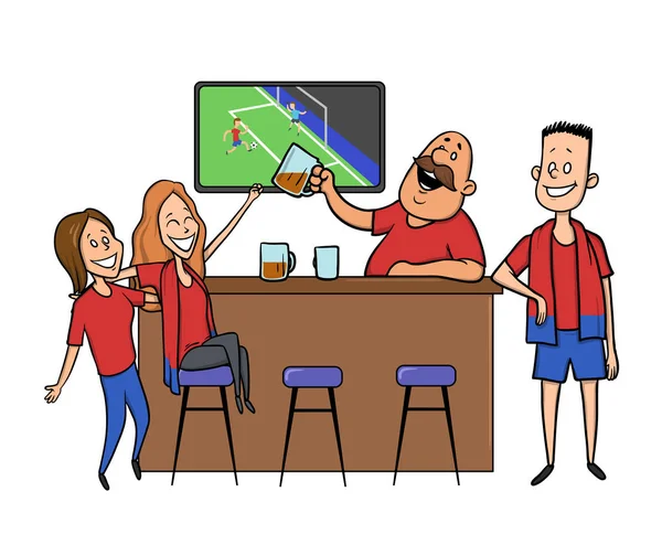 Birra bar - Ristorante. I tifosi di calcio fanno il tifo per la squadra in un bar. Partita di calcio, bar con barista, bevande alcoliche. Illustrazione vettoriale piatta su bianco. Immagine personaggio cartone animato . — Vettoriale Stock