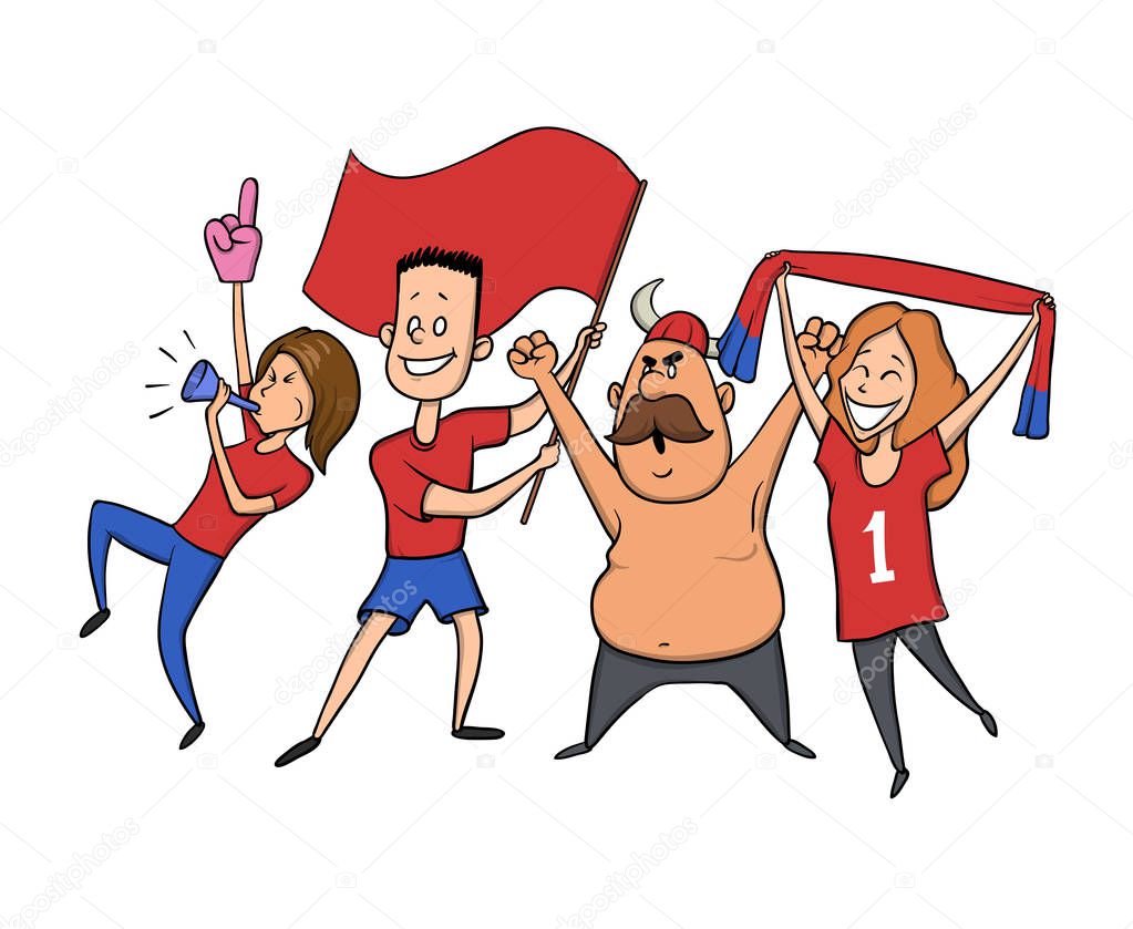 Group of sport fans with football attributes cheering for the team. Flat vector illustration on white background. Cartoon character image.