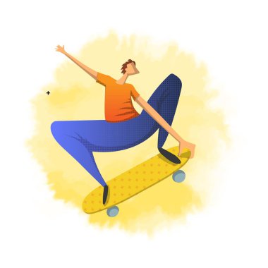 Kaykay, vektör çizim düz stilde bir atlama hile yapan erkek beyaz izole. Kaykaycı.