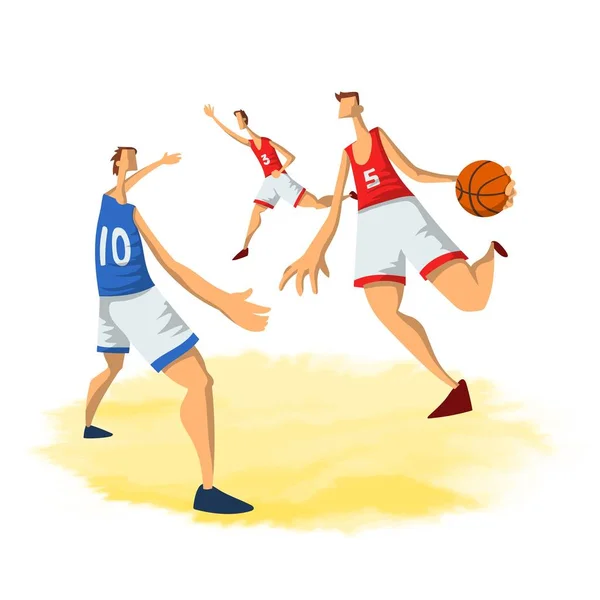 Les joueurs de basket-ball dans le style plat abstrait. Des hommes jouant avec un ballon de basket. Illustration vectorielle isolée sur fond blanc . — Image vectorielle