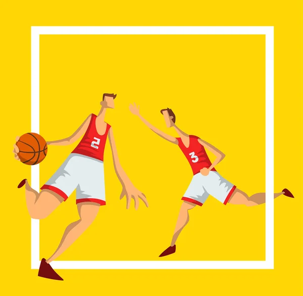 Les joueurs de basket-ball dans le style plat abstrait. Des hommes jouant avec un ballon de basket. Modèle pour affiche de sport. Illustration vectorielle, isolée sur fond blanc . — Image vectorielle