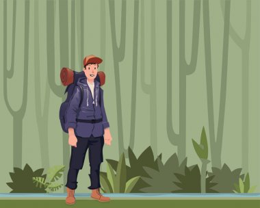 Genç bir adam, backpacker orman orman içinde. Uzun yürüyüşe çıkan kimse, Explorer. Vektör çizim kopya alanı ile.