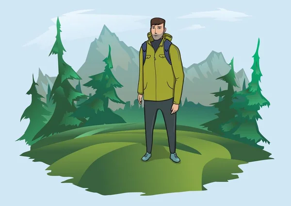 Hombre con mochila en el fondo del paisaje de montaña. Turismo de montaña, senderismo, recreación activa al aire libre. Ilustración vectorial aislada . — Vector de stock