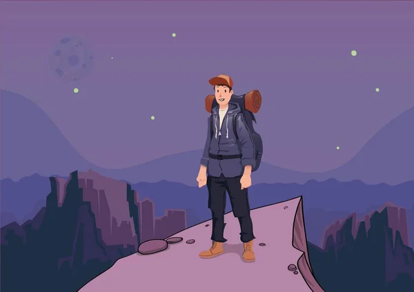 Turista con en una montaña está mirando desde la cima. Mochilero en una roca. Paisaje de montaña en el crepúsculo. Estrellas y la Luna. Personaje de dibujos animados de ilustración vectorial . — Vector de stock