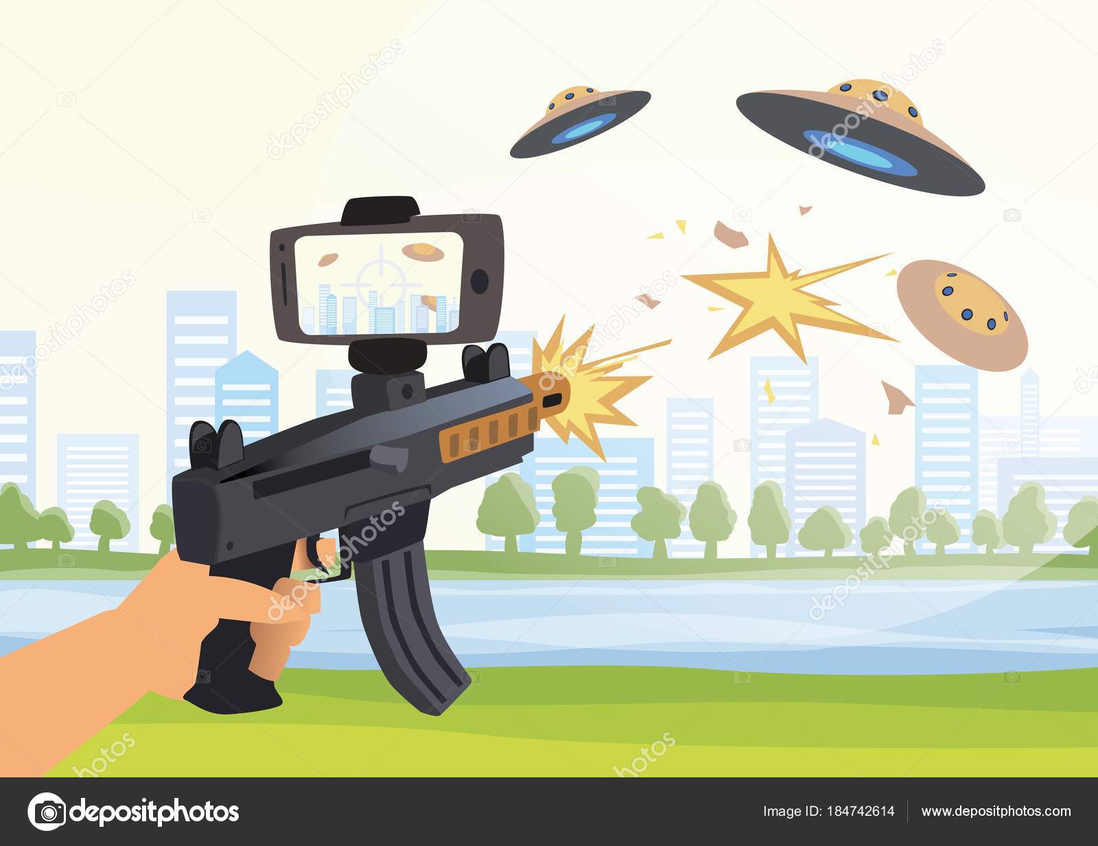 Augmented reality games. Boy with AR gun playing a shooter. Game weapon with mobile phone