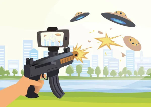 Juegos de realidad aumentada. Chico con pistola AR jugando a un tirador. Arma de juego con teléfono móvil. Ilustración vectorial . — Vector de stock