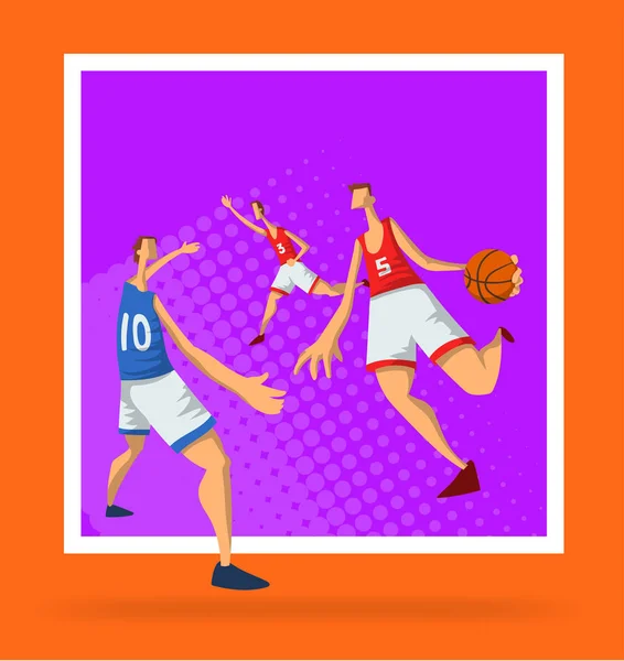 Les joueurs de basket-ball dans le style plat abstrait. Des hommes jouant avec un ballon de basket. Modèle pour affiche de sport. Illustration vectorielle, isolée sur fond blanc . — Image vectorielle