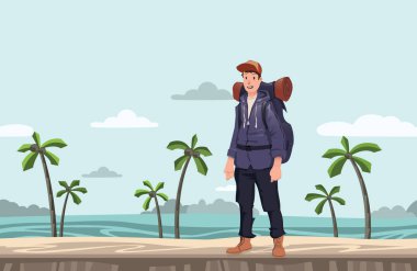 Genç bir adam, backpacker deniz sahilde. Uzun yürüyüşe çıkan kimse, Explorer. Vektör çizim kopya alanı ile.