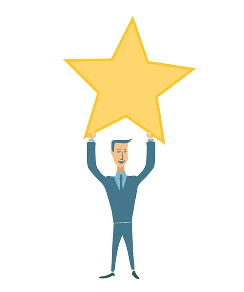 Happy businessman holding gold star. Victory, rating symbol. Vector illustration in flat style, isolated on white. — Stock Vector