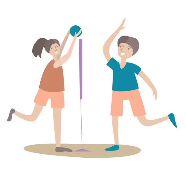 Pareja feliz, hombre y mujer juegan voleibol. Ilustración vectorial, aislada en blanco . — Archivo Imágenes Vectoriales