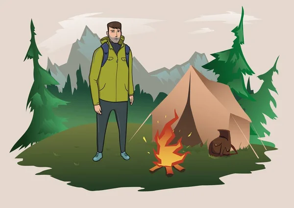 Man with backpack on the background of the mountain landscape. Fire and tent. Mountain tourism, hiking, active outdoor recreation. Isolated vector illustration.