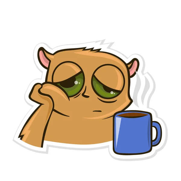 Sticker voor messenger met grappige dier. Hamster met een kopje thee of koffie. Vectorillustratie, geïsoleerd op wit. — Stockvector