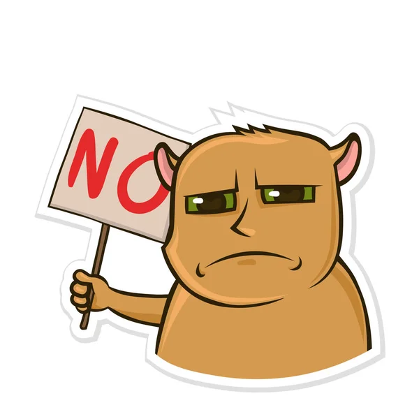 Sticker voor messenger met grappige dier. Ontevreden hamster houden een bordje met het woord Nee. Geïsoleerde vectorillustratie op wit. — Stockvector