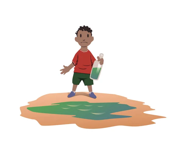 Vattenbrist koncept. Afrikansk pojke tog vatten från en smutsig vattenpöl. Dåligt dricksvatten är orsaken till farliga tarminfektioner. Vektorillustration isolerade på vit bakgrund. — Stock vektor