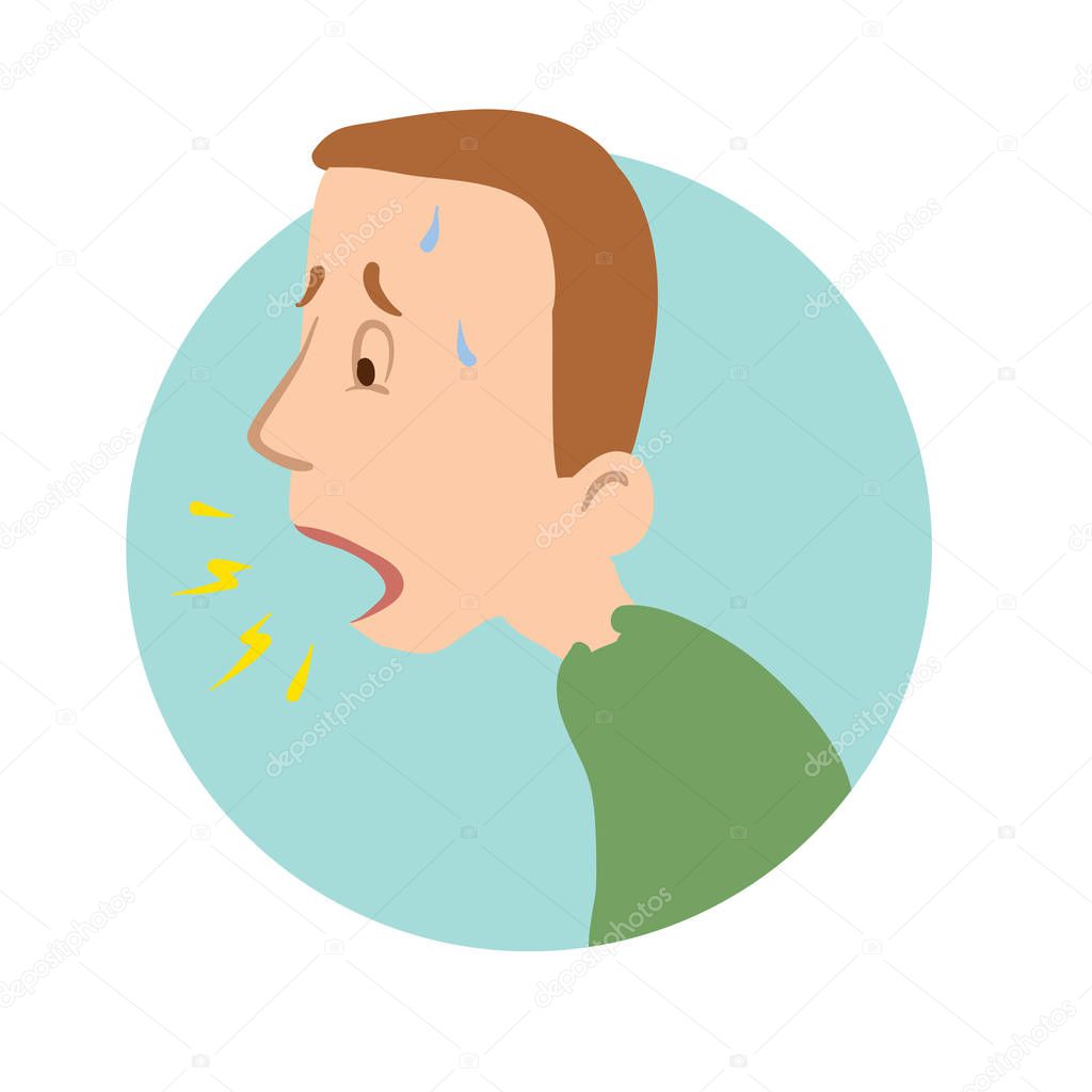 Young man coughing, shortness of breath, sickness icon. Vector flat illustration, isolated on white.