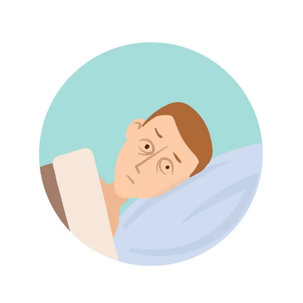 Ο νεαρός άνδρας βρίσκεται στο κρεβάτι με τα μάτια του ανοιχτά. Διαταραχές του ύπνου, αϋπνία στρογγυλό εικονίδιο. Επίπεδη εικονογράφηση διάνυσμα, απομονώνονται σε λευκό. — Διανυσματικό Αρχείο