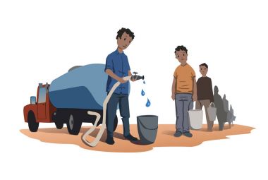 Su kıtlığı kavramı. Afrika'da bir halk satırı su için stand. Su kamyon. Beyaz arka plan üzerinde izole vektör çizim.