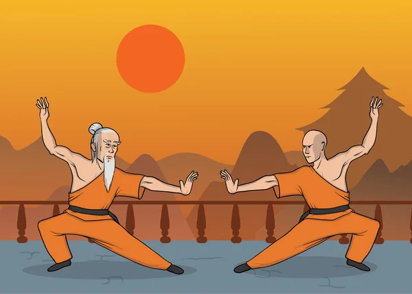 Två munkar tränar kung fu eller wushu, Shaolintemplet. Kampsport. Vektorillustration. — Stock vektor