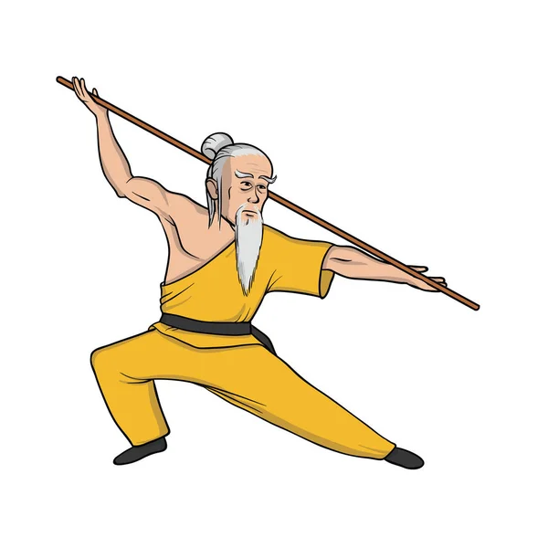 Monge Shaolin praticando kung fu. Arte marcial. Ilustração vetorial, isolada sobre branco . — Vetor de Stock