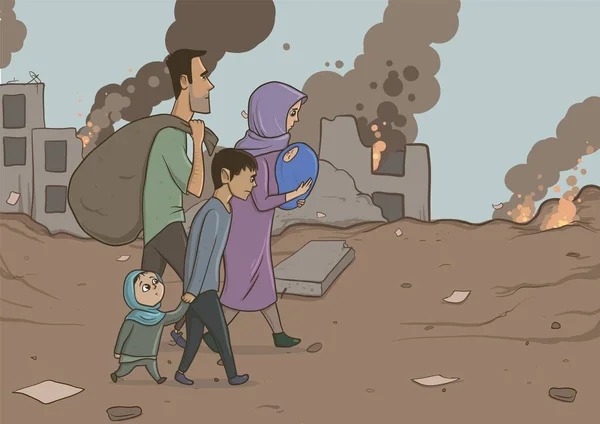 Familia de refugiados con dos hijos en edificios destruidos. Religión de inmigración y tema social. Crisis de guerra e inmigración. Personajes de dibujos animados de ilustración vectorial horizontal . — Archivo Imágenes Vectoriales