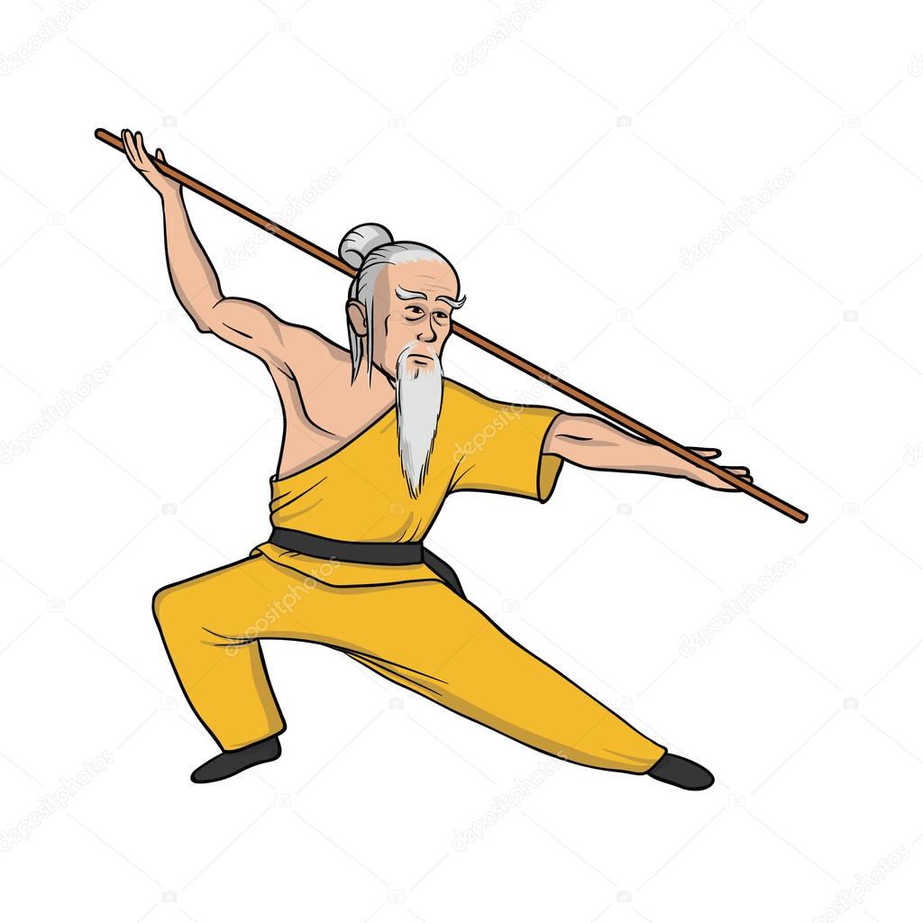 Shaolin monk practicing kung fu. Martial art. Vector illustration, isolated on white.