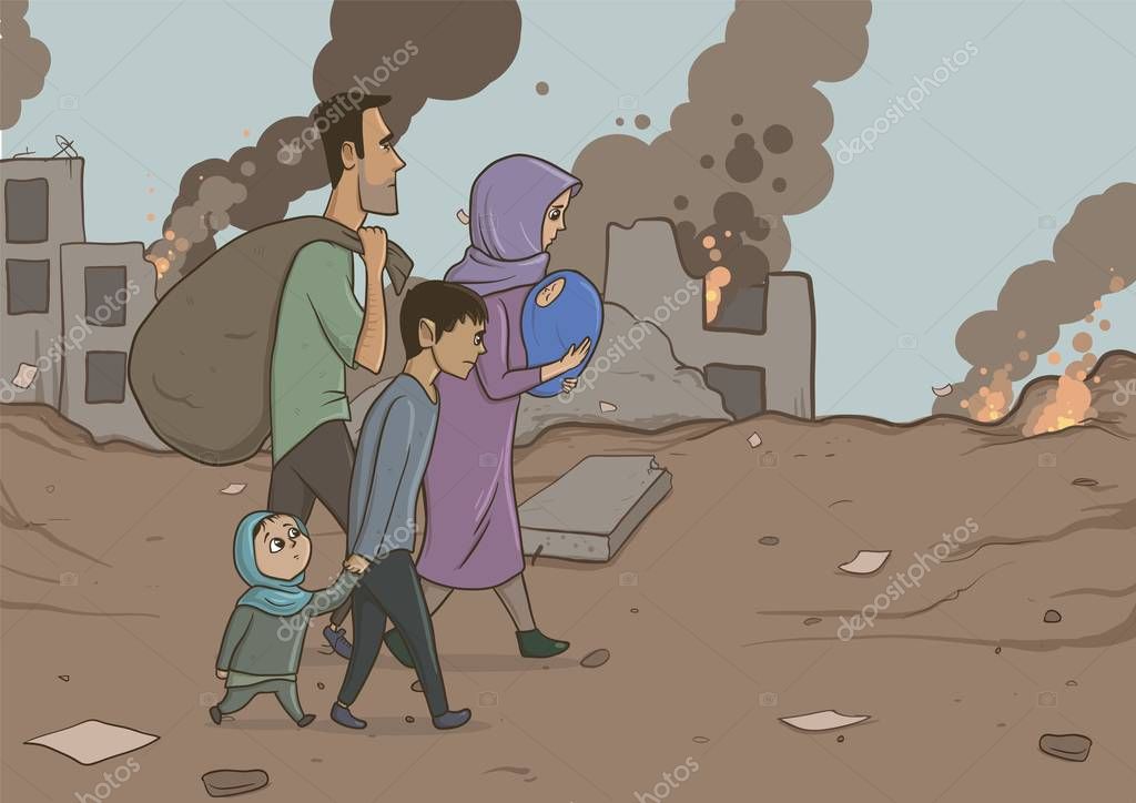 Family of refugees with two children on destroyed buildings background