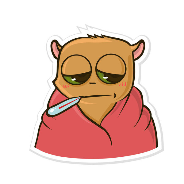 Sticker for messenger with funny animal. Hamster with a thermometer in his mouth. High temperature, fever, sickness icon. Vector flat illustration isolated on white background.