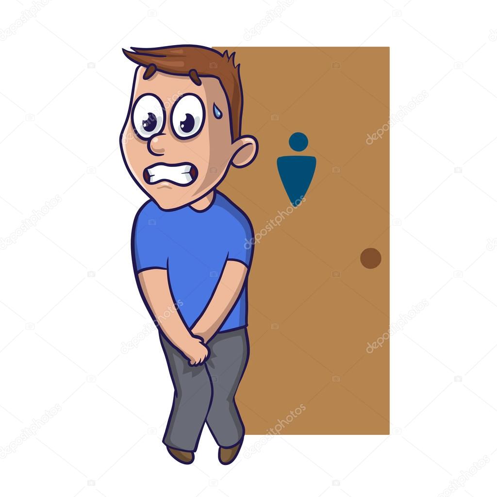 Stressed guy wanting to pee stands in front of a WC door. Isolated cartoon illustration on a white backgroud. Cartoon vector image.