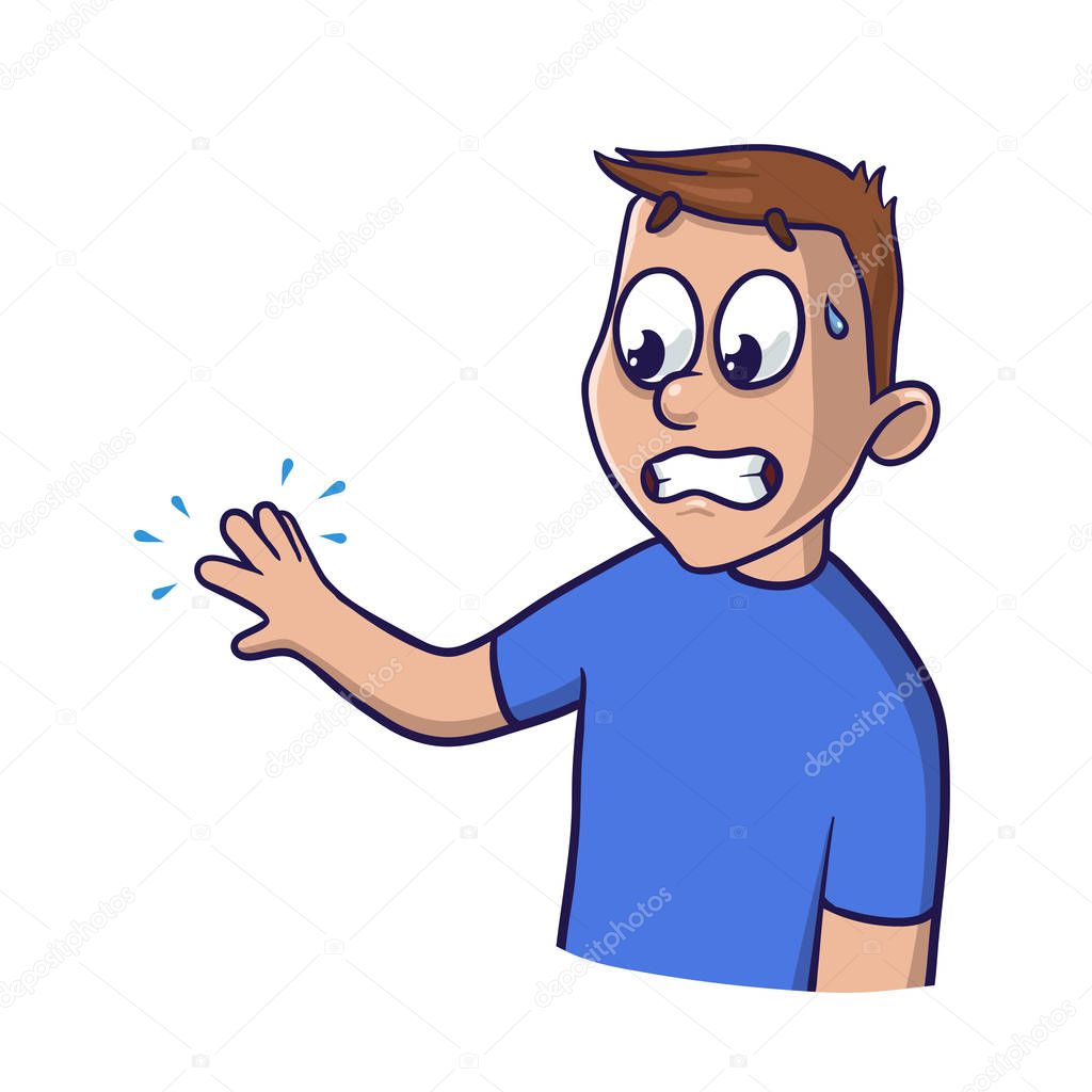Puzzled man looks at his tingling hand with imaginary blue waves. Isolated flat illustration on a white backgroud. Cartoon vector image.