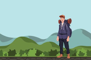 Genç bir adam, backpacker dağlık bir bölgede. Uzun yürüyüşe çıkan kimse, Explorer. Vektör çizim kopya alanı ile.