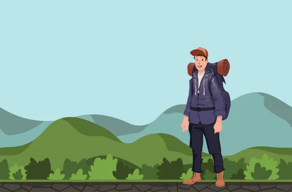 Mladý muž, batohem v kopcovité oblasti. Turista, Explorer. Vektorové ilustrace s kopií prostor. — Stockový vektor