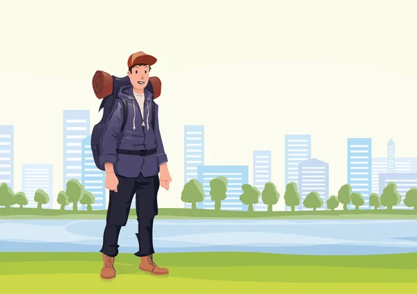 Happy man on the morning walk in the city Park. A tourist with backpack. Vector Illustration. — Stock Vector